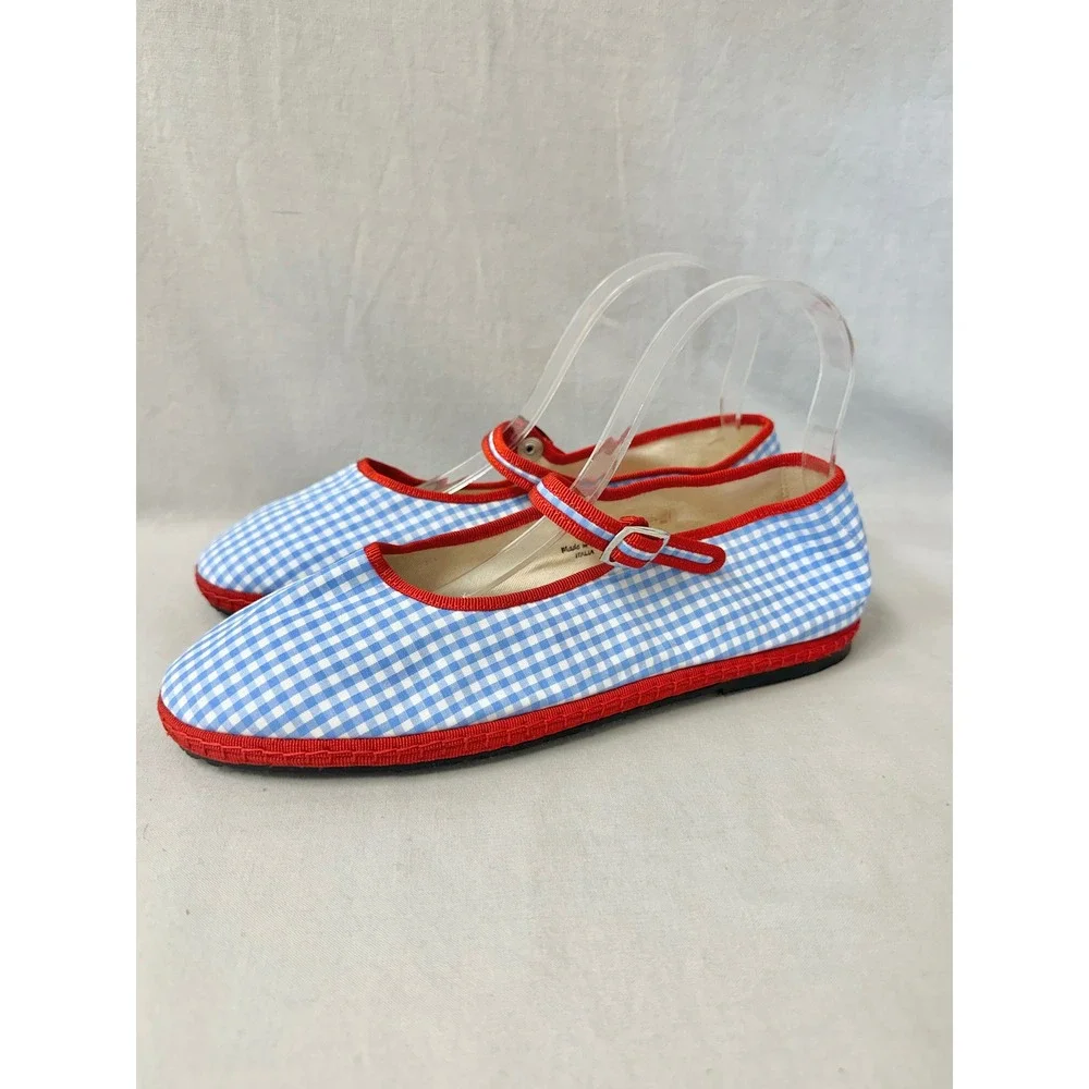 Via I Lilly Sisto Florence Mary Jane Cotton Gingham Blue Red Flats Euro 40 Italy